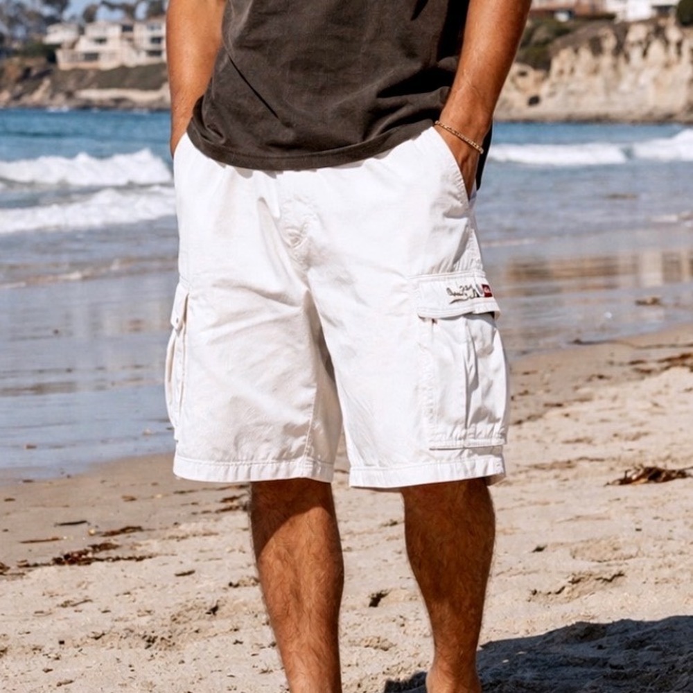 Quiksilver Mens Off White Cargo Shorts Surf Skater Utility Beach Core Size 36